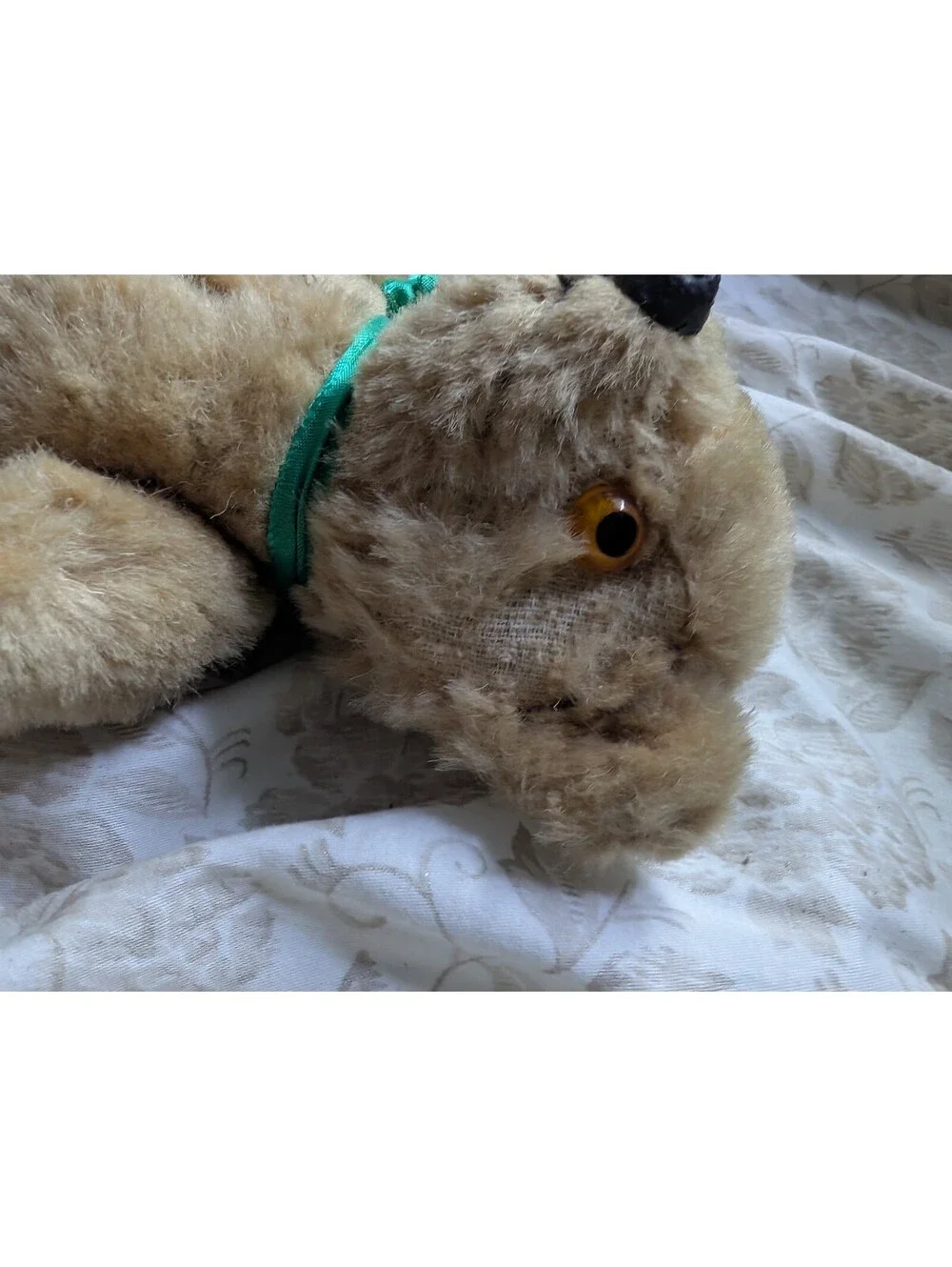 Vintage True Wool Plush Teddy Bear with Green Ribbon
